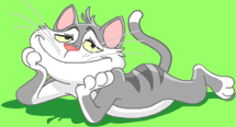 Image animée d'un chat souriant, se prélassant tout en agitant sa queue