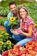 Couple d'amoureux dans un jardin plein de fleurs, la femme tenant dans sa mein une grosse fleur de tournesol