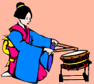 Image animée d'une japonaise tambourinant sur un tambour
