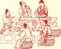 Dessin chinois représentant des convives autour d'une table