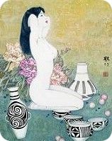 Dessin chinois représentant une jeune femme embellisant son corps