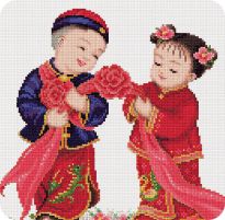 Dessin de 2 jeunes enfants chinois en tenue rouge de fête