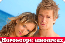 Jeune couple, avec inscription 'Horoscopes amoureux'