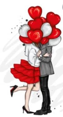 Dessin stylisé d'un couple amoureux s'enlaçant au milieu des ballons en forme de coeurs